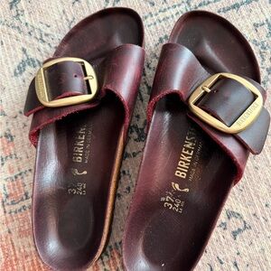 Birkenstock Maroon Slides with Brass Buckle